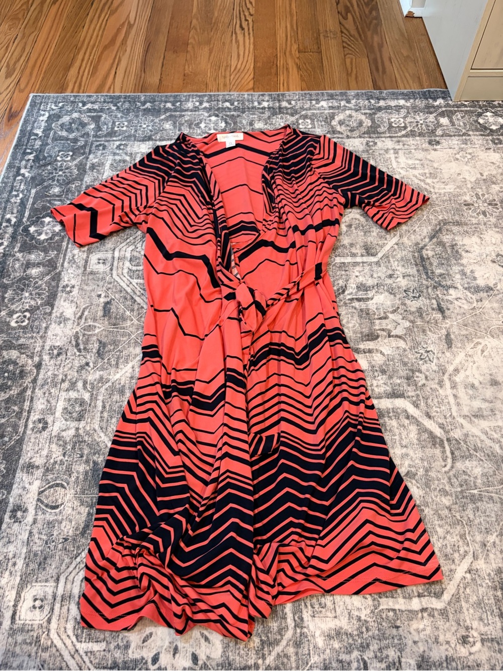 Motherhood Maternity Coral and Black Striped Wrap Dress